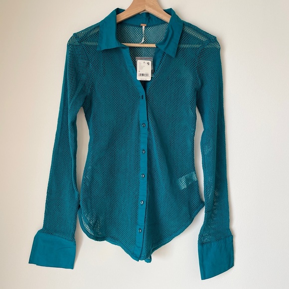 NEW Free People Siggi Button Down Shirt In Crystal Teal Blue - Picture 5 of 14